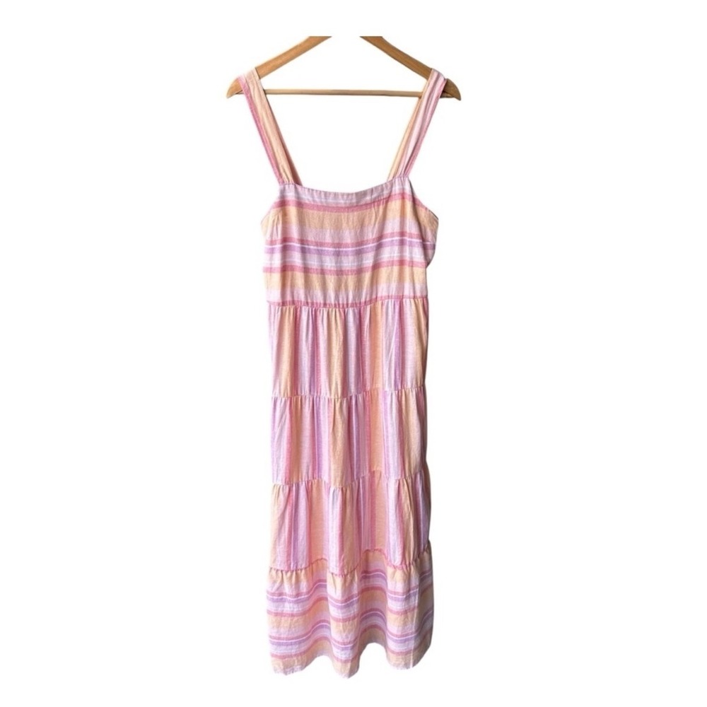 Casa Cabana Dress Maxi Pink Orange Striped Linen Blend Tiered Beach Size Medium